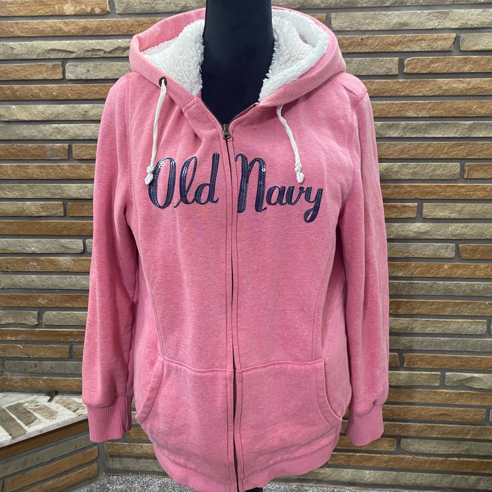Large pink old navy sequin zip up fleece hoodie